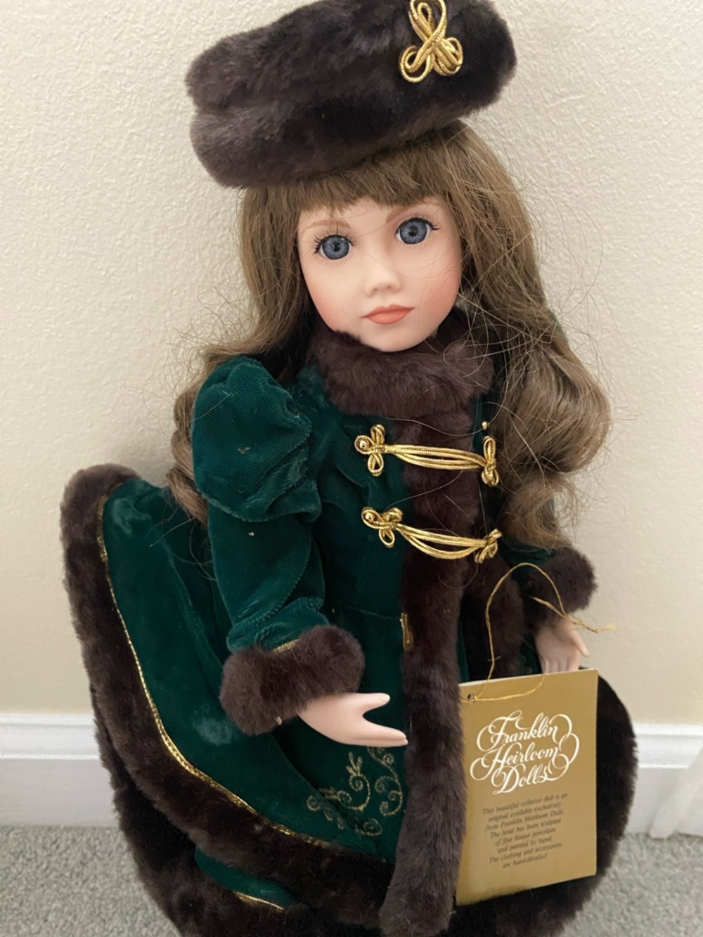 Franklin Mint Green Velvet Porcelain Doll with Brown Fur Trim and Gold Accents